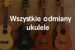 Cztery ukulele w różnych kolorach: jasne, czarne, brązowe i ciemnobrązowe. To małe, czterostrunowe instrumenty, które są świetne do nauki gry.