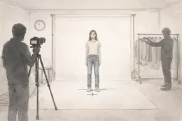 Sesja zdjęciowa modelki w studiu, fotograf z aparatem, wieszaki z ubraniami.