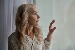 Starsza kobieta z blond włosami patrzy przez okno, zamyślona.