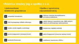 Porównanie JDG i spółki z o.o.: wady i zalety. JDG ma mniej formalności, spółka z o.o. chroni majątek osobisty.