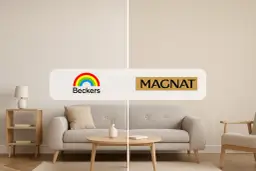 Porównanie salonów: po lewej logo Beckers, po prawej logo Magnat. Oba wnętrza urządzone w jasnych, neutralnych kolorach.