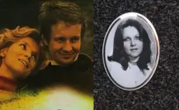 Dwie fotografie: młoda para, a obok portret kobiety na nagrobku. Obsada filmu "Daleko od szosy".