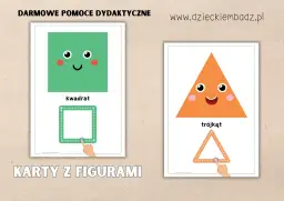 Obrazki z figur geometrycznych do druku: wesoły kwadrat i trójkąt zachęcają do nauki kształtów.