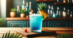 Orzeźwiający drink Blue Hawaii z lodem, plasterkiem ananasa i wisienką, gotowy do podania.