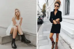 Mujer con vestido blanco y botines negros, y otra con vestido negro y botines marrones.