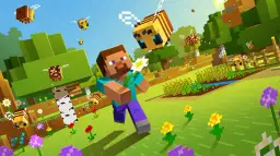 Steve z Minecrafta zbiera kwiaty, otoczony przez pszczoły. Może to być inspiracja do tworzenia własnych komendy Minecraft.