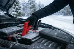 Rękawiczka podłącza czerwony kabel do akumulatora. Obok leży urządzenie rozruchowe, które pomoże odpalić samochód w zimowy dzień.