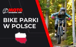 Dziewczyna w kasku i goglach zjeżdża rowerem po leśnym torze. Grafika informuje o najlepszych bike parkach w Polsce.