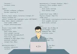 Programista przy laptopie, kod CSS na ekranie. Wyszukiwanie na stronie skrót.
