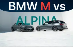 Dwa sportowe BMW: sedan i kombi, z napisem "ALPINA" w tle.