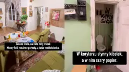 Wnętrze mieszkania z serialu "Świat według Kiepskich". Zielone fotele, meblościanka i słynny kibelek w korytarzu.