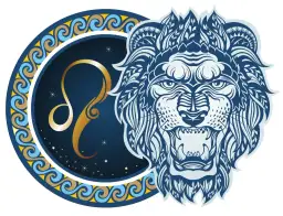 Znak zodiaku sierpień: złoty symbol Lwa na tle nocnego nieba i stylizowana głowa lwa.