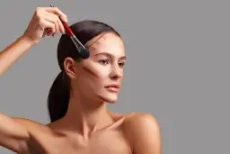 Modelka z pociągnięciami bronzera na twarzy, pokazującymi, do czego służy bronzer: podkreślenia rysów i nadania głębi.