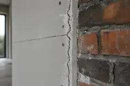 Szczegółowe zbliżenie na łączenie płyt gk z ceglanym murem. Widać nierówności i zaprawę.