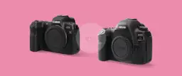 Dwie lustrzanki Canon EOS R i EOS 5D Mark IV, idealne do nagrywania filmów 4K, na różowym tle.