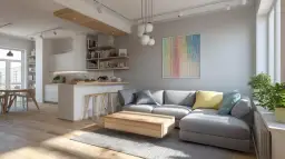 Nowoczesny salon z aneksem kuchennym. Jasne ściany, drewniana podłoga. Kanapa, stolik kawowy, wyspa kuchenna. Szacowany koszt malowania mieszkania 50 m.