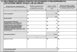 Formularz PIT-8S, sekcja D. Obliczenie podatku od czynności cywilnoprawnych, w tym umowa pożyczki w rodzinie.
