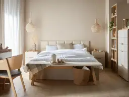 Naturalne materiały, jak plecione lampy i wiklinowy kosz, dodają przytulności. Zobacz, jak ocieplić wnętrze, tworząc relaksującą sypialnię.