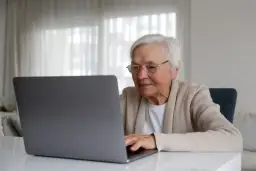 Uśmiechnięta starsza pani z okularami pracuje na laptopie, planując swoją emeryturę bez podatku.