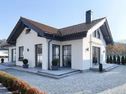 Nowoczesna, biała elewacja domu z brązowym dachem i dużymi oknami. Wokół zadbany ogród z brukowanym podjazdem.