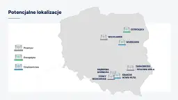 Mapa Polski z zaznaczonymi potencjalnymi lokalizacjami elektrowni jądrowych i legendą.