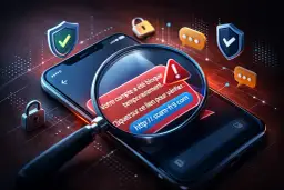 Avertissement sur un téléphone : "Votre compte a été bloqué temporairement. Cliquez sur ce lien pour vérifier : http://.scam-fr9.com". Attention au faux démarchage à domicile.
