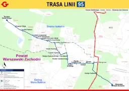 Mapa linii 95: Truskaw Skibińskiego – Izabelin – Klaudyn – Warszawa Stare Bemowo. Trasa przebiega przez tereny wiejskie, z zaznaczonymi przystankami, gminami i powiatem.