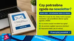 Formularz zapisu na newsletter z polem na e-mail i checkboxem "Wyrażam zgodę na przetwarzanie danych osobowych". Obok tekst o RODO i zgodzie na newsletter.