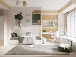 Przytulny pokój boho dla dziewczynki z łóżkiem piętrowym, biurkiem i miękkim pufem.