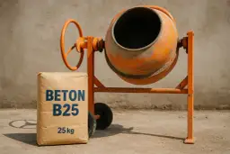 Pomarańczowa betoniarka i worek z napisem "BETON B25 25 kg". Różne rodzaje betonu czekają na przygotowanie.