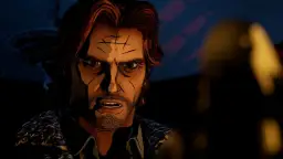 Bigby Wolf z The Wolf Among Us Spolszczenie, z ponurym wyrazem twarzy, w mrocznym otoczeniu.