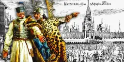Dwóch mężczyzn w strojach historycznych wskazuje na Kreml, na tle rysunku przedstawiającego miasto i ludzi.