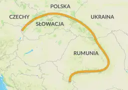 Mapa Europy Środkowej z zaznaczonym łukiem Karpat, biegnącym przez Czechy, Słowację, Polskę, Ukrainę i Rumunię.