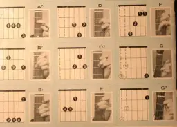 Diagramy akordów gitarowych z palcami pokazującymi chwyty A7, B7, D, D7, F, G, Bb, E, G7.