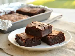 Deliciosos trozos de brownie sin gluten apilados en un plato blanco. En el fondo, más brownies en un molde.