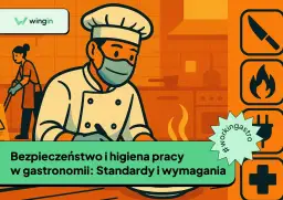 Szef kuchni w masce i pracownica sprzątająca ilustrują obowiązki pracodawcy w zakresie BHP w gastronomii.