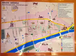 Mapa Baščaršije w Sarajewie: zobacz zabytki, muzea i meczety. Znajdź drogę do zabytków, które warto zobaczyć w Sarajewie.