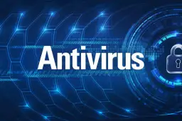 Niebieskie tło z cyfrowym wzorem, napisem "Antivirus" i ikoną kłódki.
