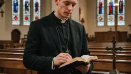 Ksiądz w kościele czyta Biblię. Zastanawia się, czy palcówka to grzech, szukając odpowiedzi w świętych księgach.