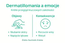 Dermatillomania: objawy to skubanie skóry i napięcie lękowe, a konsekwencje to poczucie winy i wstyd.