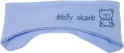 Niebieska opaska na uszy dla chłopca z haftowanym misiem i napisem "Mały skarb".