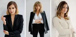 Trzy kobiety w eleganckich stylizacjach, idealny makijaż biznesowy do zdjęć.