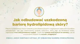 Grafika z pytaniem "Jak odbudować uszkodzoną barierę hydrolipidową skóry?". Wzmianka o kwasie linolowym jako kluczowym składniku odbudowy.