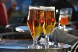 Dwa kieliszki złocistego piwa z pianką, idealne do degustacji aromatów i goryczki dzięki najlepszym technikom chmielenia na zimno (dry hopping).