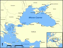 Mapa pokazuje Morze Czarne, które leży na pograniczu Europy i Azji. Odpowiedź na pytanie: czy morze czarne jest w europie? Tak, częściowo.