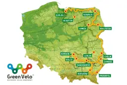 Mapa Polski z zaznaczonymi najpiękniejszymi odcinkami szlaku rowerowego Green Velo.