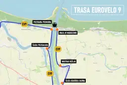 Mapa trasy rowerowej EV9, w tym prom przez Wisłę, śluzy i punkty widokowe. Ten bursztynowy szlak rowerowy prowadzi przez malownicze tereny.