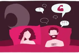 Para, która leży w łóżku, ma różne myśli. Kobieta zakrywa twarz, mężczyzna myśli o muskułach i zadaje sobie pytanie: "zaimek na co odpowiada?".