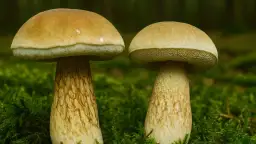 Dwa grzyby kozaki z jasnymi kapeluszami i grubymi, łuskowatymi trzonami rosną w mchu.