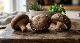 Trzy grzyby shiitake na drewnianej desce. To dowód, co to znaczy proteinowe – zdrowe i pyszne!